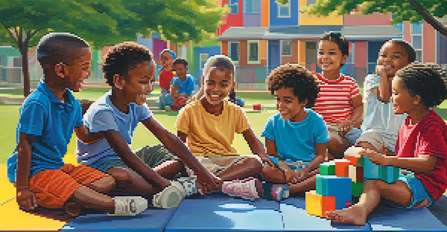 A group of children playing with blocks in a playground, showing expressions of joy and curiosity under a blue sky.