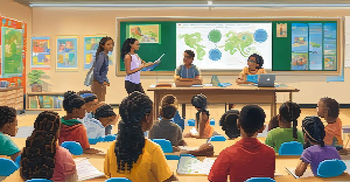 A classroom where diverse students are engaged in active listening activities, with a teacher facilitating a discussion in a warm and colorful environment.