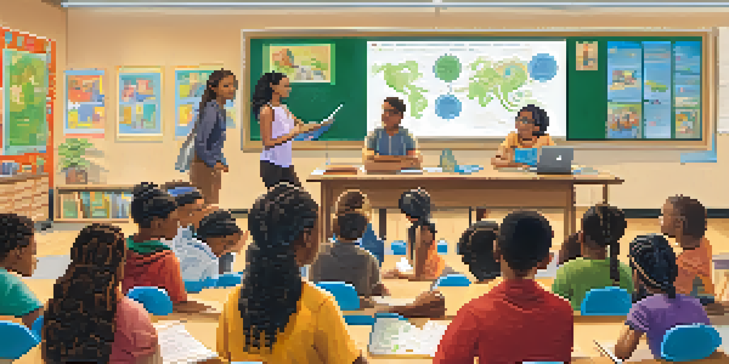 A classroom where diverse students are engaged in active listening activities, with a teacher facilitating a discussion in a warm and colorful environment.