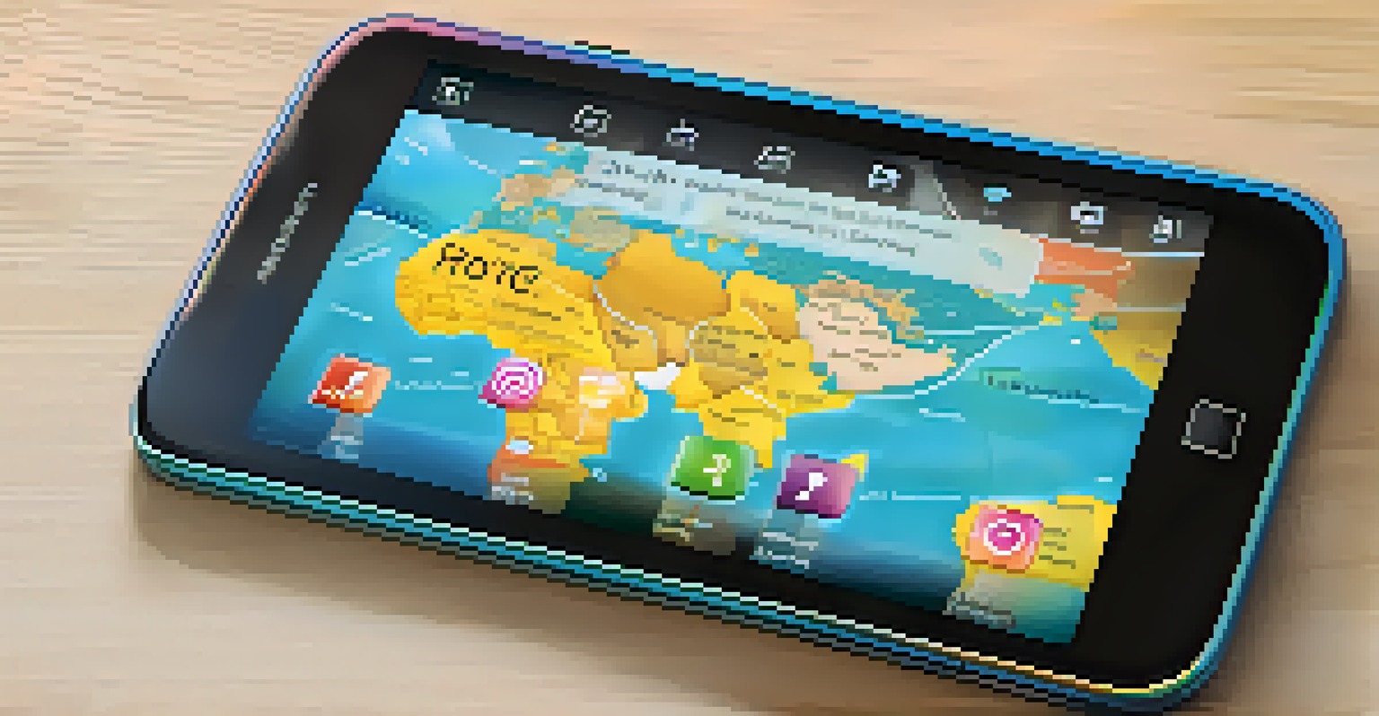 A close-up of a smartphone showing a language learning app against a blurred world map background, representing global connectivity.