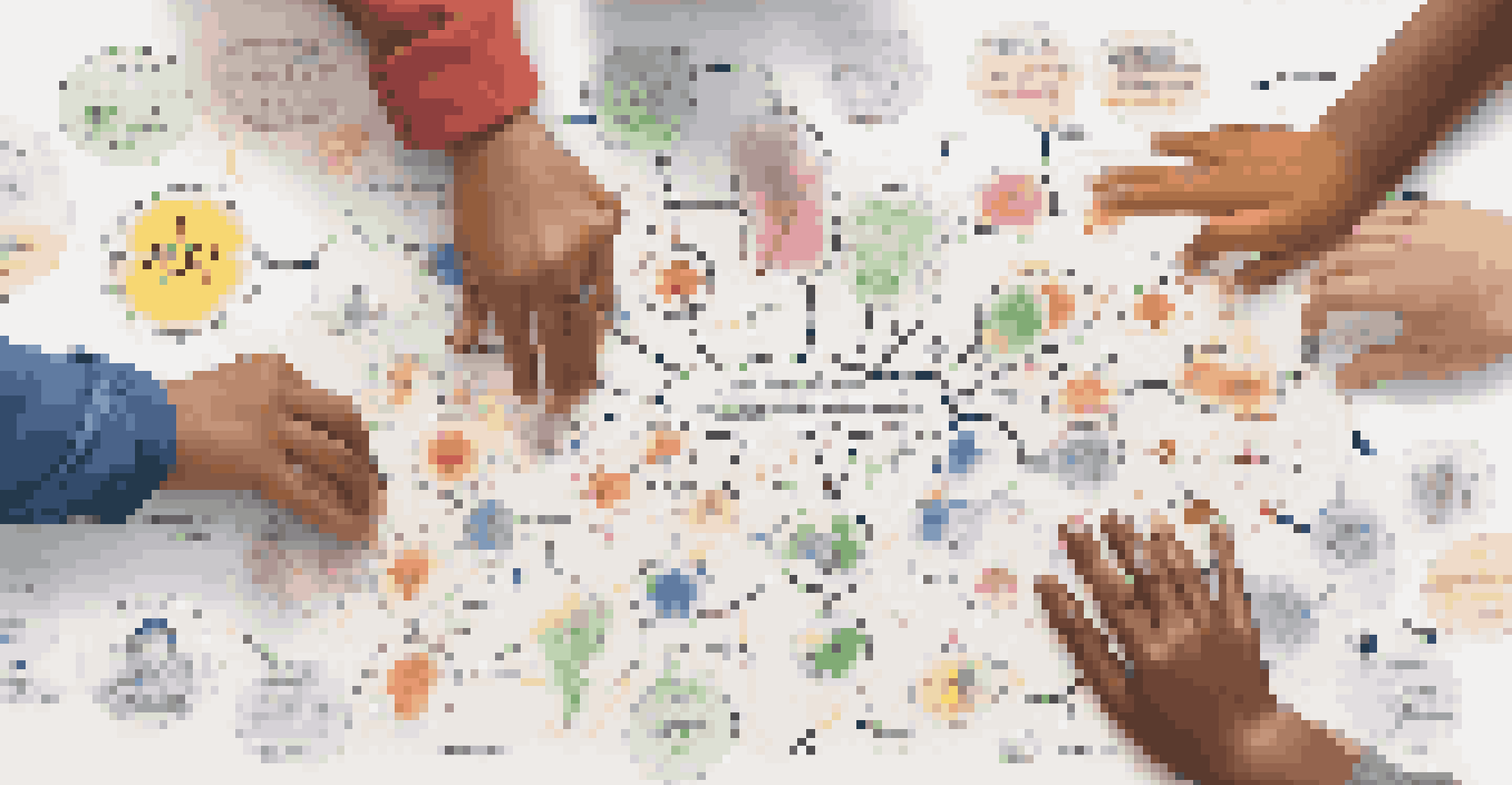 Close-up of diverse hands creating a mind map collaboratively on a large sheet of paper.