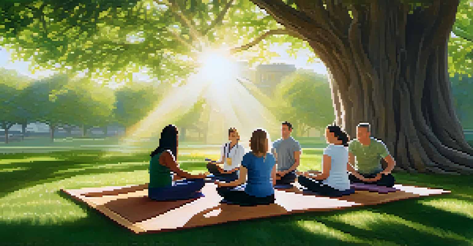 Teachers practicing mindfulness outdoors under a large tree, highlighting a peaceful and rejuvenating environment.