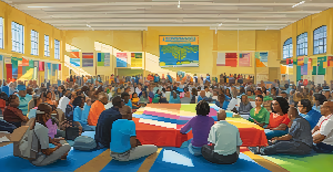 A diverse group of community members engaged in a meeting at a school, surrounded by colorful banners and informational materials, with warm lighting.