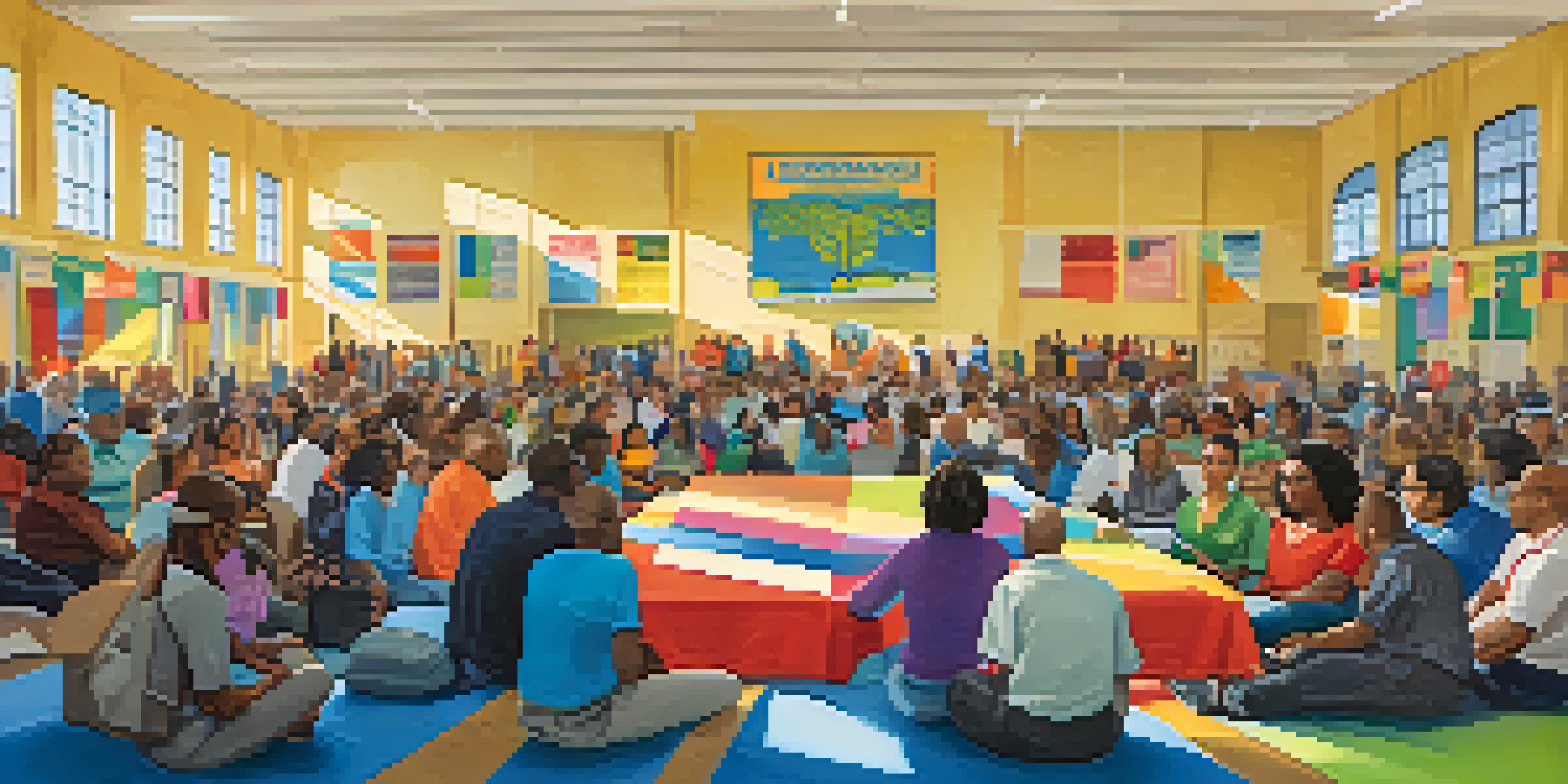 A diverse group of community members engaged in a meeting at a school, surrounded by colorful banners and informational materials, with warm lighting.