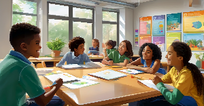 A diverse group of students in a bright classroom, discussing and supporting each other, showcasing emotional intelligence.