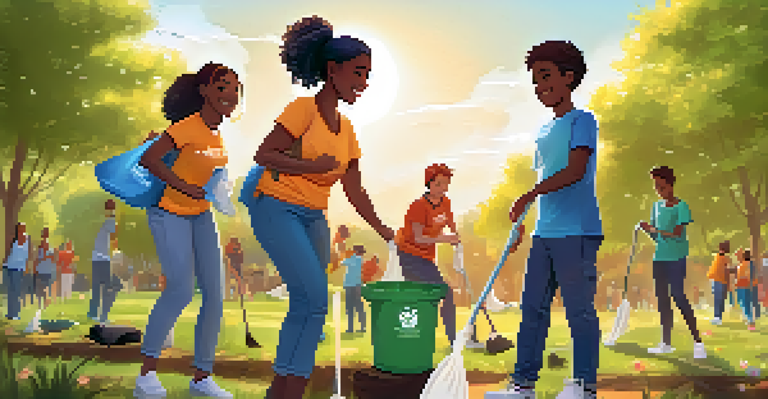 Students in matching t-shirts happily participating in a community clean-up event at a lush park, holding trash bags.