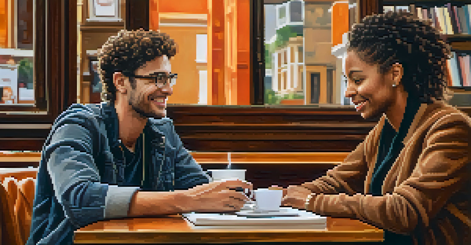 Two people having a conversation over coffee in a cozy café, focused on their discussion with a laptop on the table.