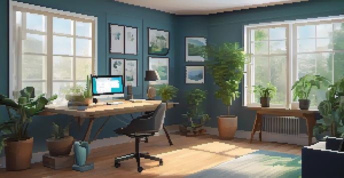A home office with a laptop showing a cybersecurity dashboard, a potted plant, and a coffee cup, all bathed in natural light.