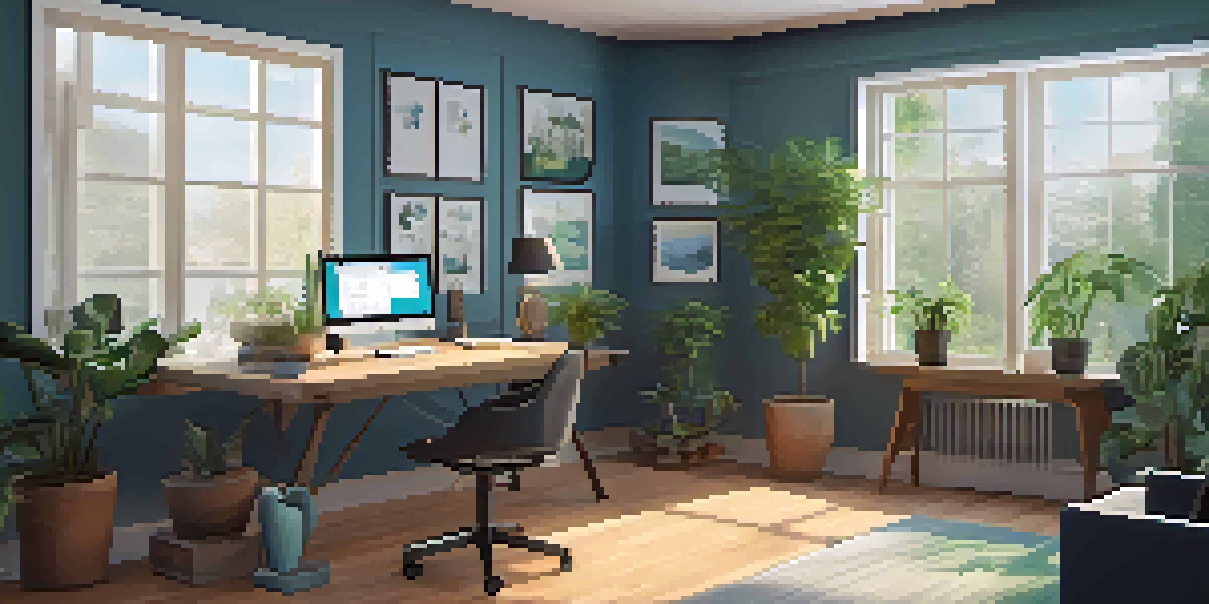 A home office with a laptop showing a cybersecurity dashboard, a potted plant, and a coffee cup, all bathed in natural light.