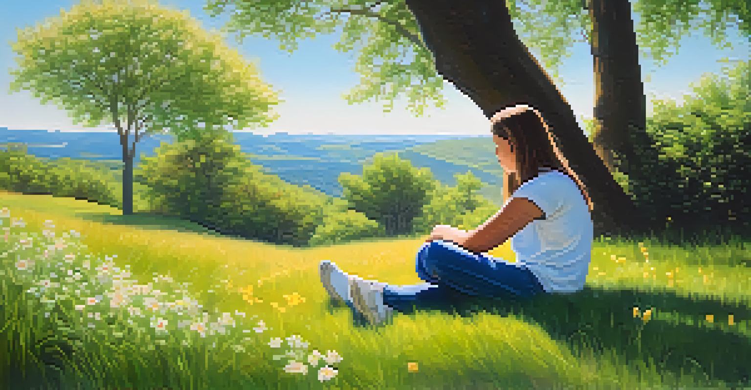 A student practicing mindfulness outdoors, stretching on a grassy hill surrounded by trees and flowers.