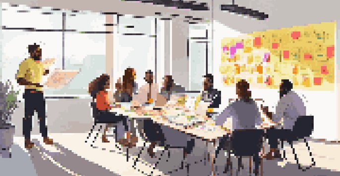 A diverse group of people collaborating in a bright office, surrounded by colorful sticky notes and charts, engaging in a brainstorming session.