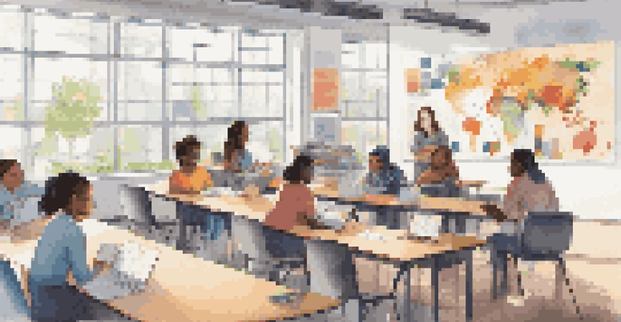 A diverse group of students learning about data literacy in a bright classroom, with educational posters on the walls and collaborative materials on the table.
