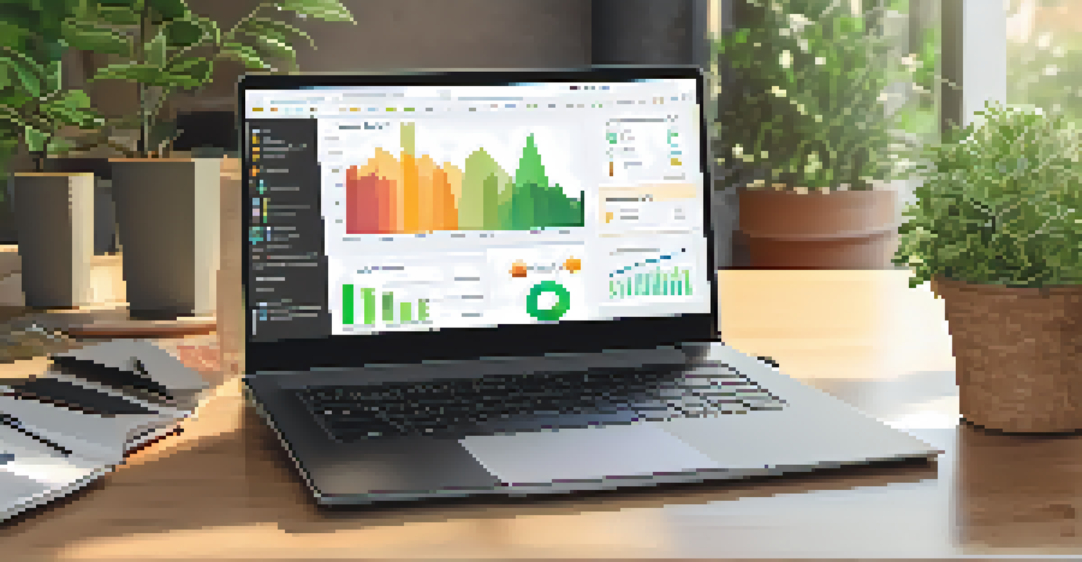 A laptop showing a personalized learning dashboard with performance graphs, next to a cup of coffee and a notepad, set in a cozy indoor environment.