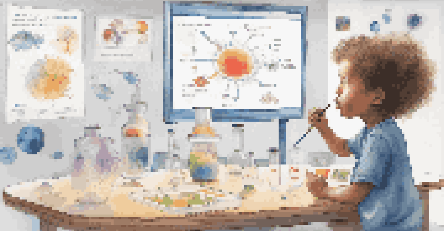 A student engaged in a science experiment, surrounded by infographics, a video, and hands-on materials in a bright learning environment.