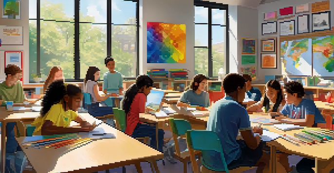 A colorful classroom filled with diverse students collaborating on a project at a large table, surrounded by art supplies and educational materials in a bright, sunny environment.
