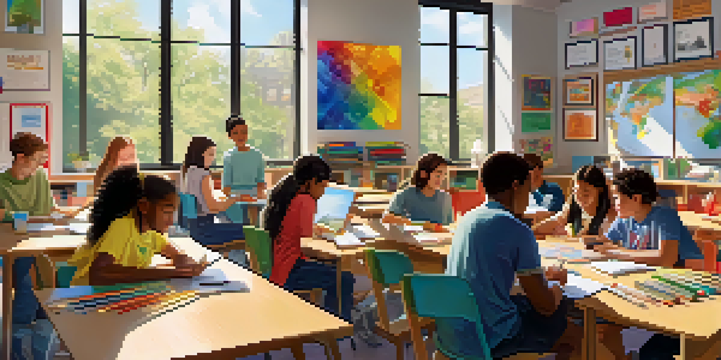 A colorful classroom filled with diverse students collaborating on a project at a large table, surrounded by art supplies and educational materials in a bright, sunny environment.