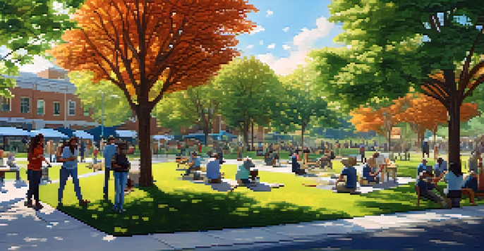 A diverse group of people collaborating on a mural in a community park, with urban planners and community members planting trees in the background.