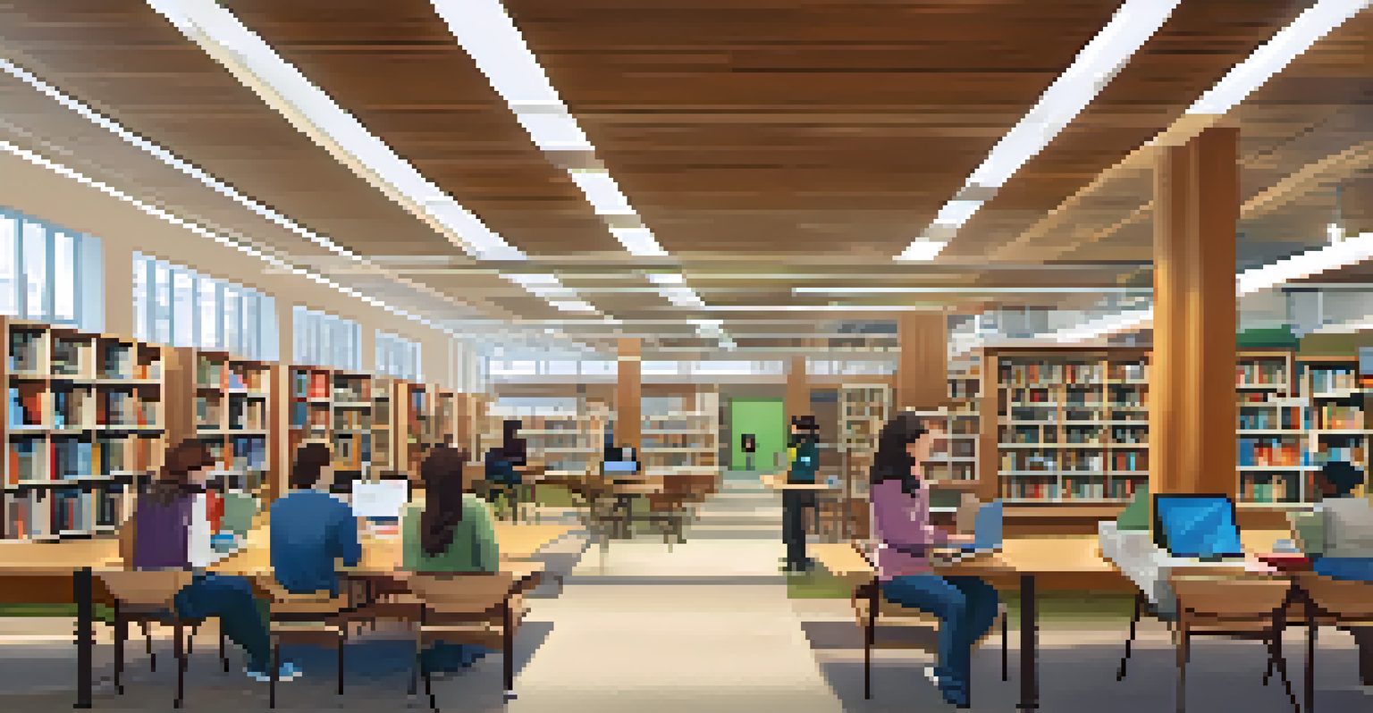 An accessible library with wide aisles and adjustable furniture, filled with students using digital resources and reading comfortably.