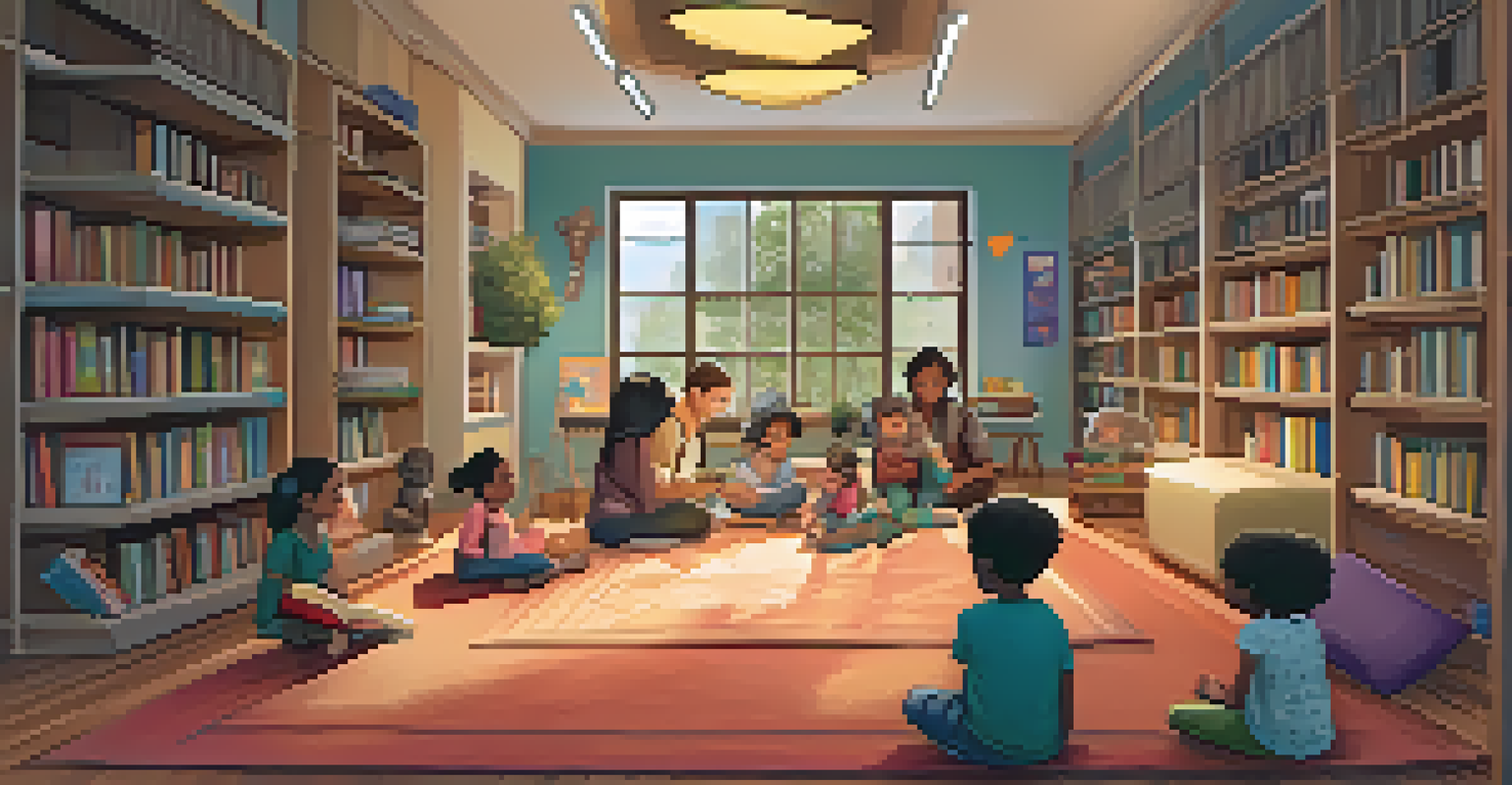 A cozy library corner where a caregiver reads a bilingual story to children, surrounded by colorful books and a warm atmosphere.