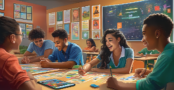 A lively online classroom with diverse students working together on tablets, engaging in gamified learning with colorful game elements visible.