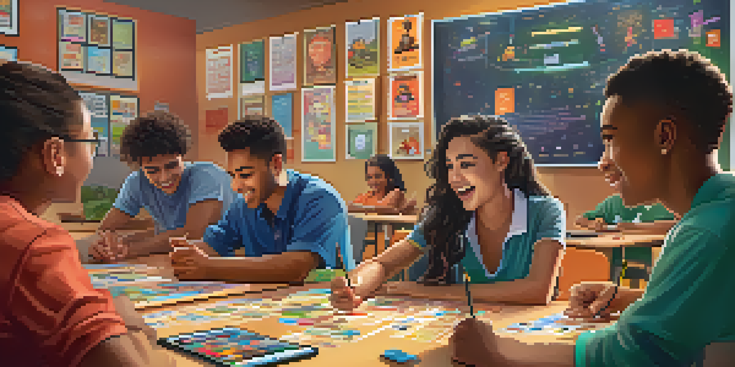 A lively online classroom with diverse students working together on tablets, engaging in gamified learning with colorful game elements visible.