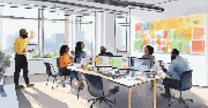 A diverse group of professionals engaged in a virtual meeting in a bright and modern workspace.