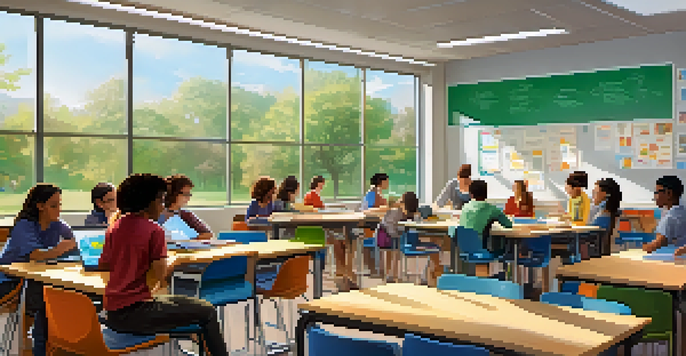 A classroom filled with diverse students engaged in discussions at circular desks, surrounded by colorful educational posters and technology, illuminated by soft natural light.