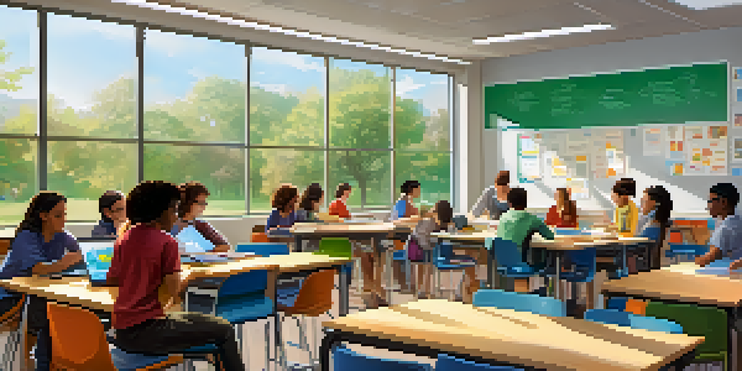A classroom filled with diverse students engaged in discussions at circular desks, surrounded by colorful educational posters and technology, illuminated by soft natural light.