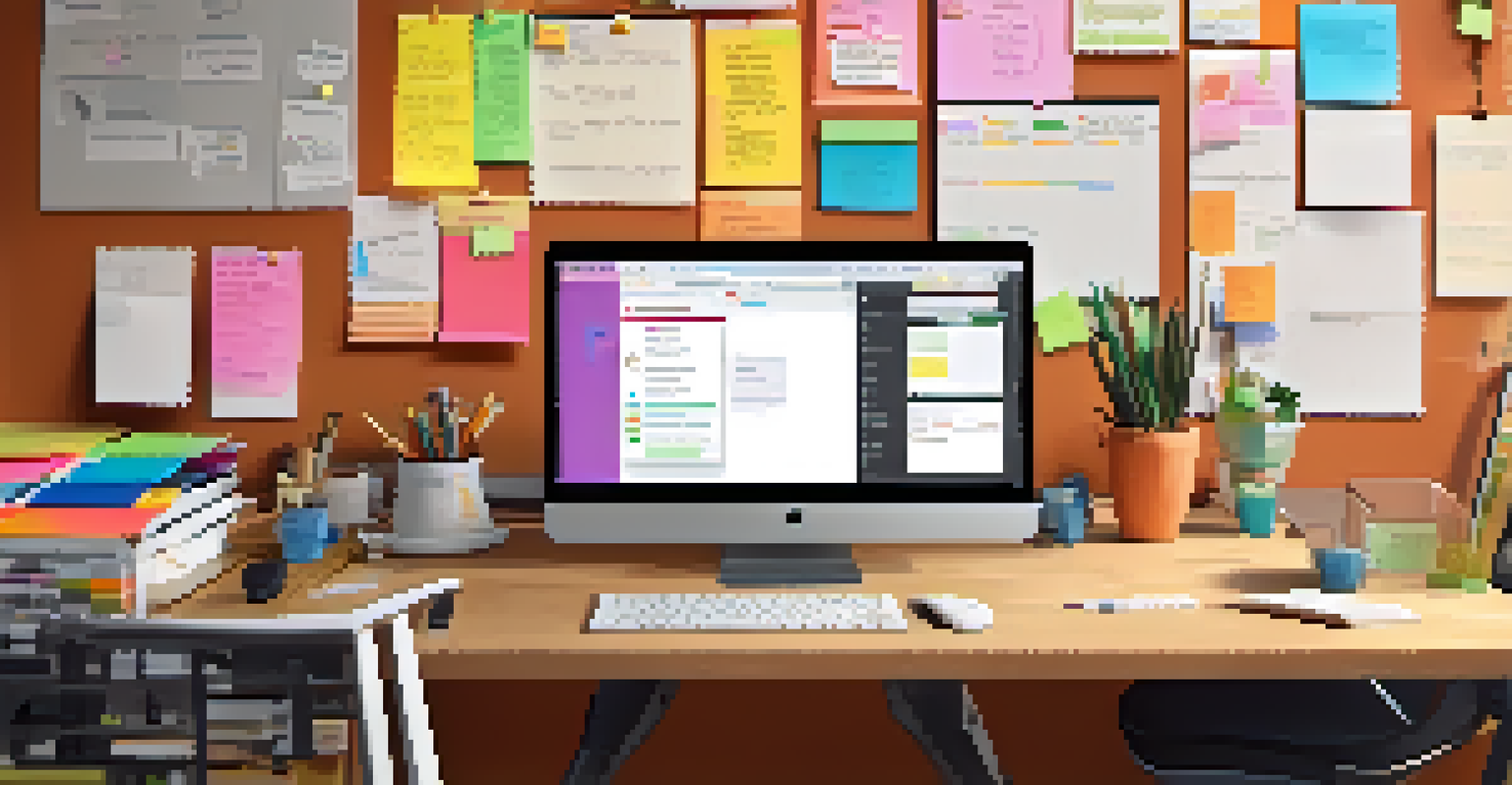 An organized workspace with a laptop displaying email, colorful sticky notes, and a project management board, illuminated by warm lighting.