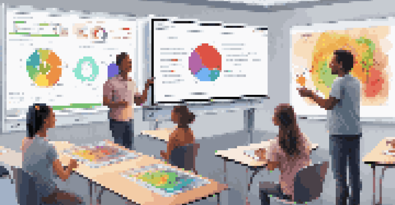 An instructor demonstrating a digital feedback tool on a smartboard in a colorful classroom, with engaged students working at their desks.