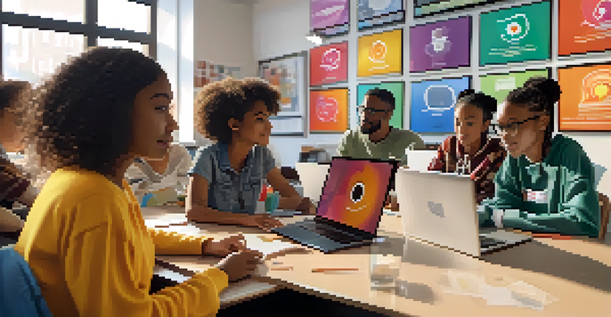 A diverse group of students participating in an online learning session, using various devices and expressing concentration and engagement.