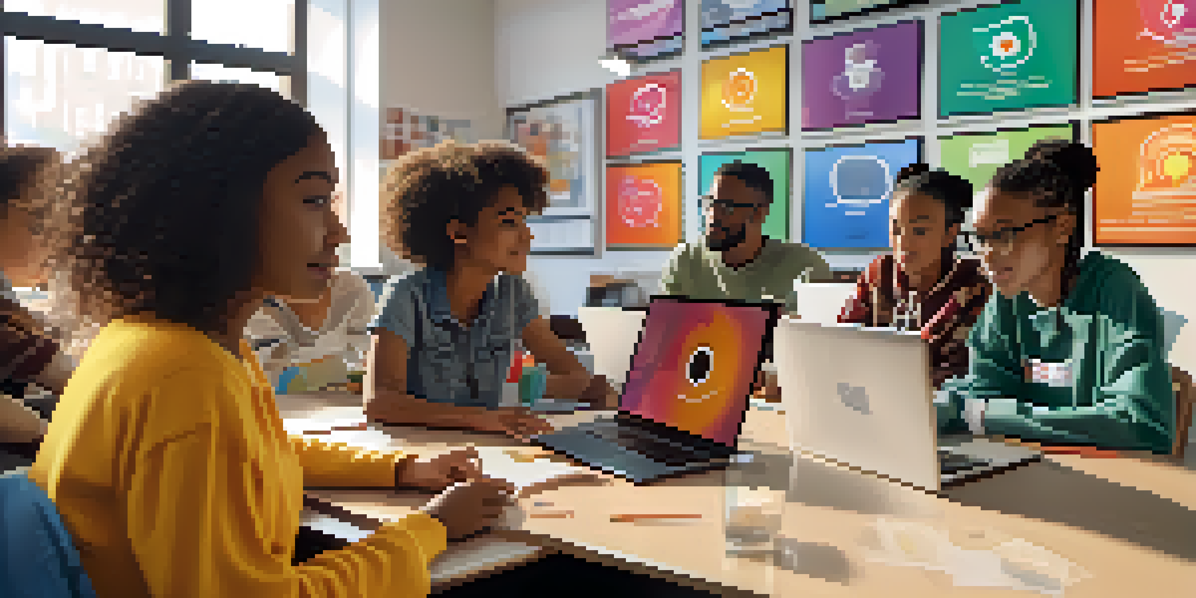 A diverse group of students participating in an online learning session, using various devices and expressing concentration and engagement.