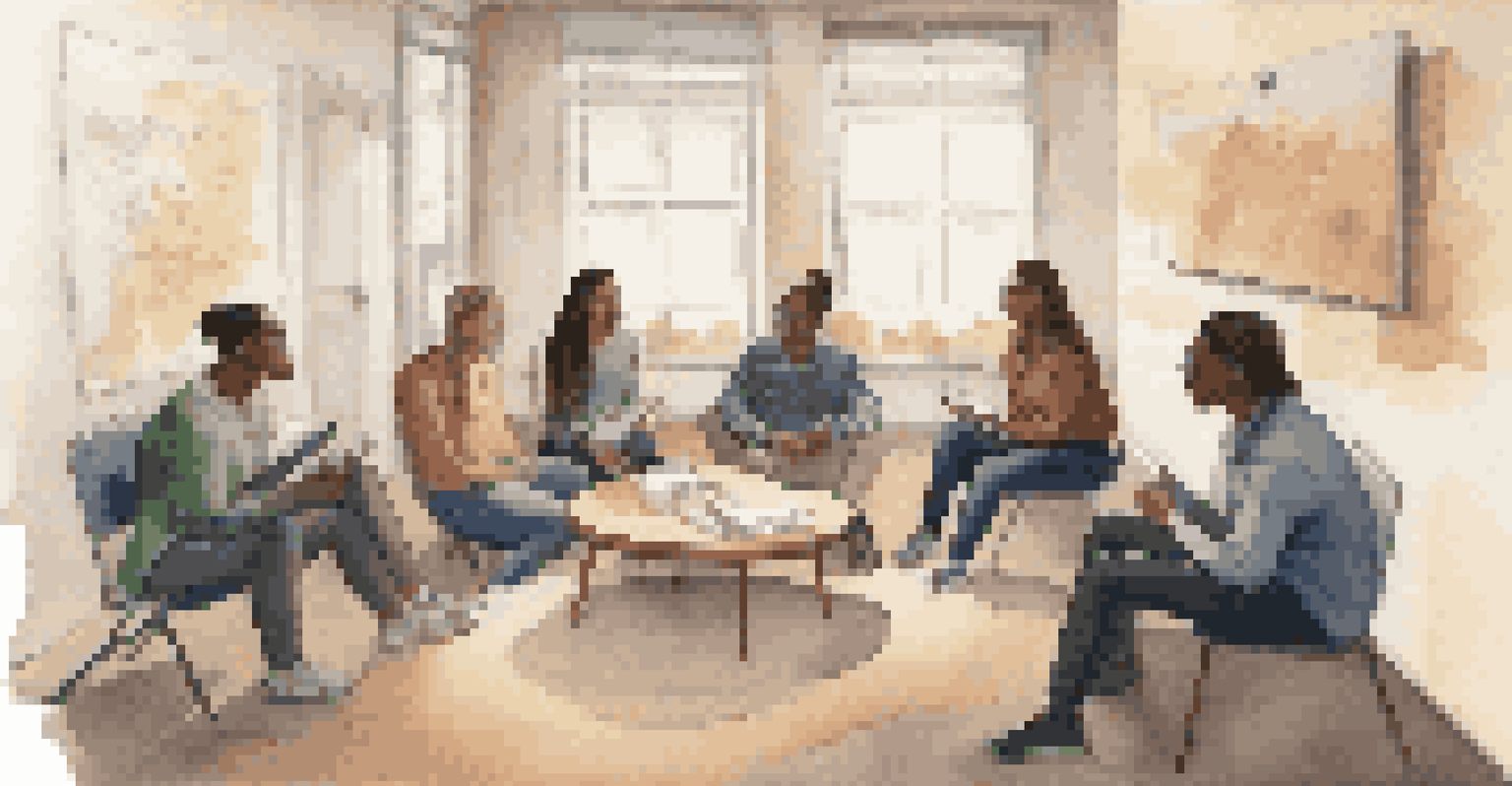 A small group of students sitting in a circle discussing ideas in a cozy room, with soft lighting and a whiteboard filled with notes in the background.