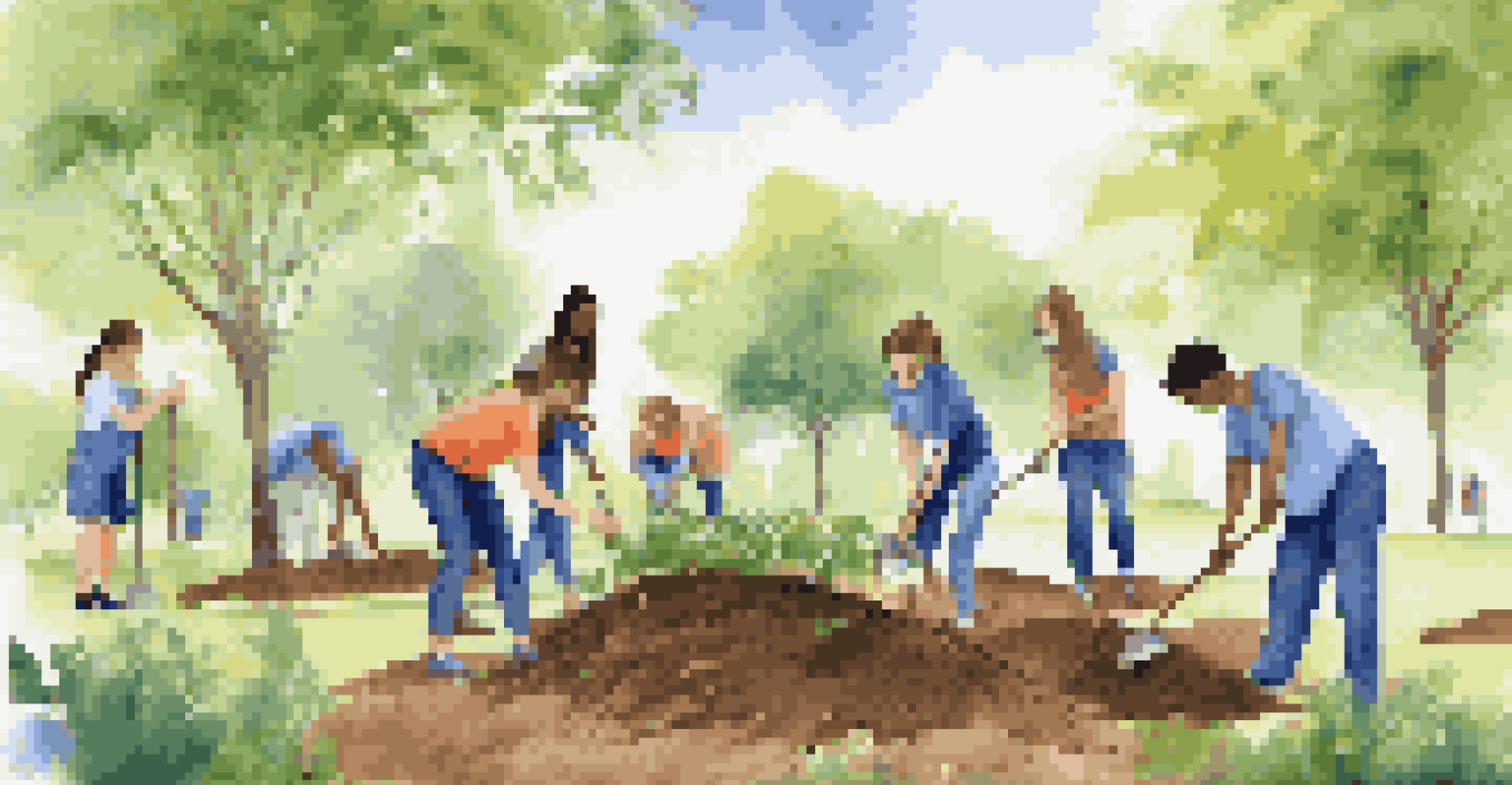 Students planting trees in a park as part of a community service project, surrounded by greenery and a clear sky.