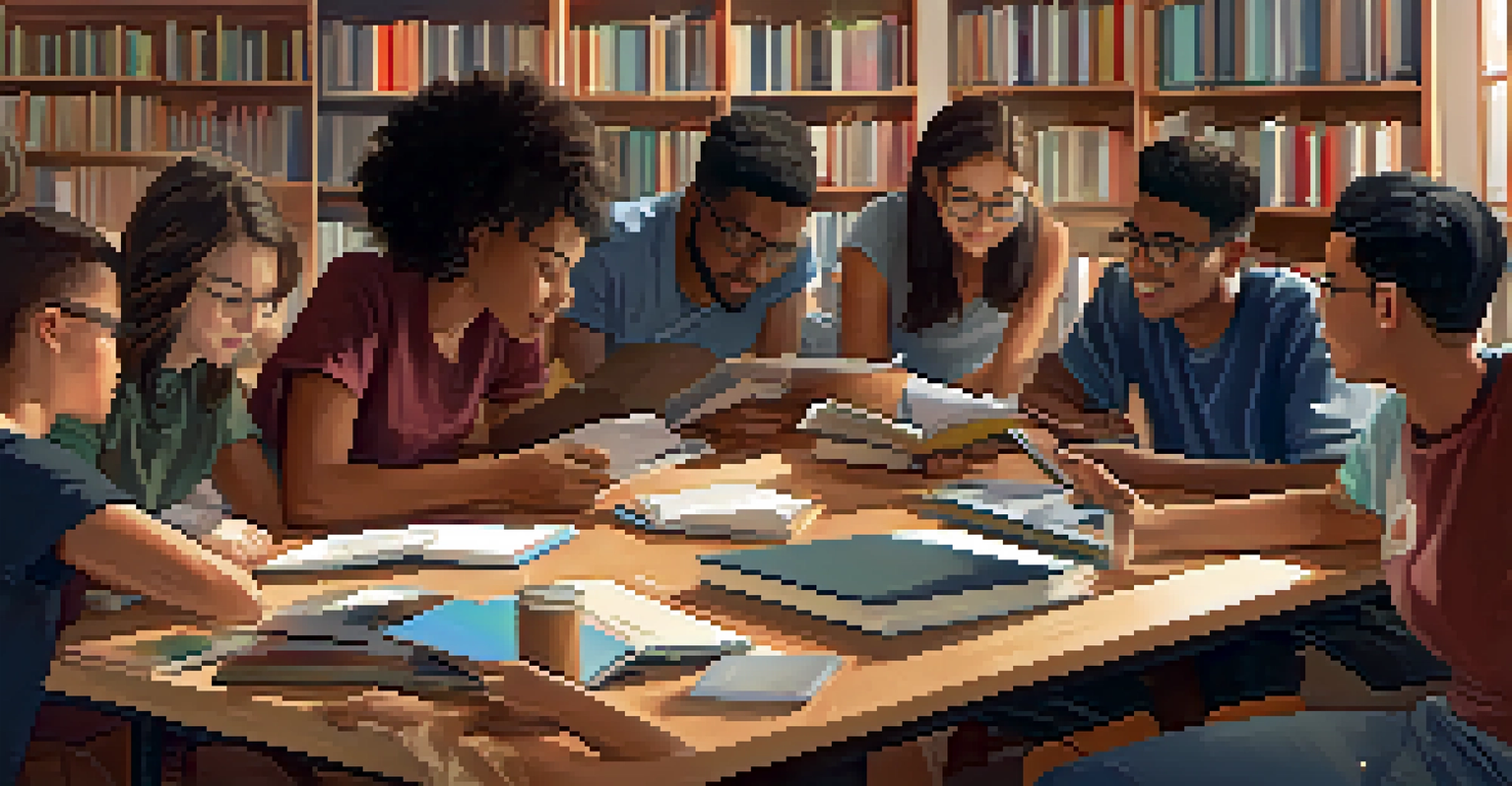Diverse students collaborating at a table, engaged in peer-to-peer learning with books and digital devices.
