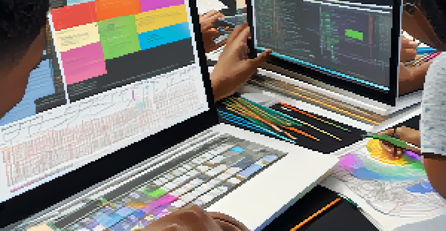 Close-up of students' hands coding on laptops with colorful screens displaying interactive software in a busy learning environment.