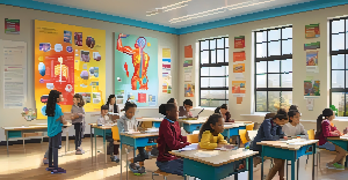 A classroom filled with students using tablets to explore 3D models of the human body in augmented reality, with bright lighting and colorful decor.
