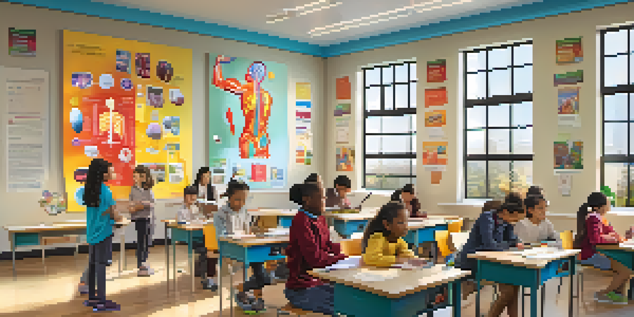 A classroom filled with students using tablets to explore 3D models of the human body in augmented reality, with bright lighting and colorful decor.