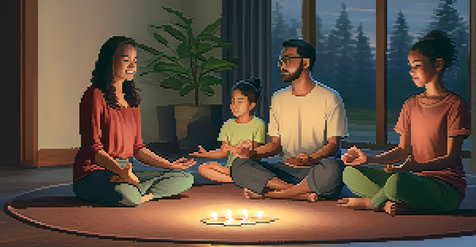 Families participating in a group meditation session in a softly lit room, creating a cozy and connected atmosphere.