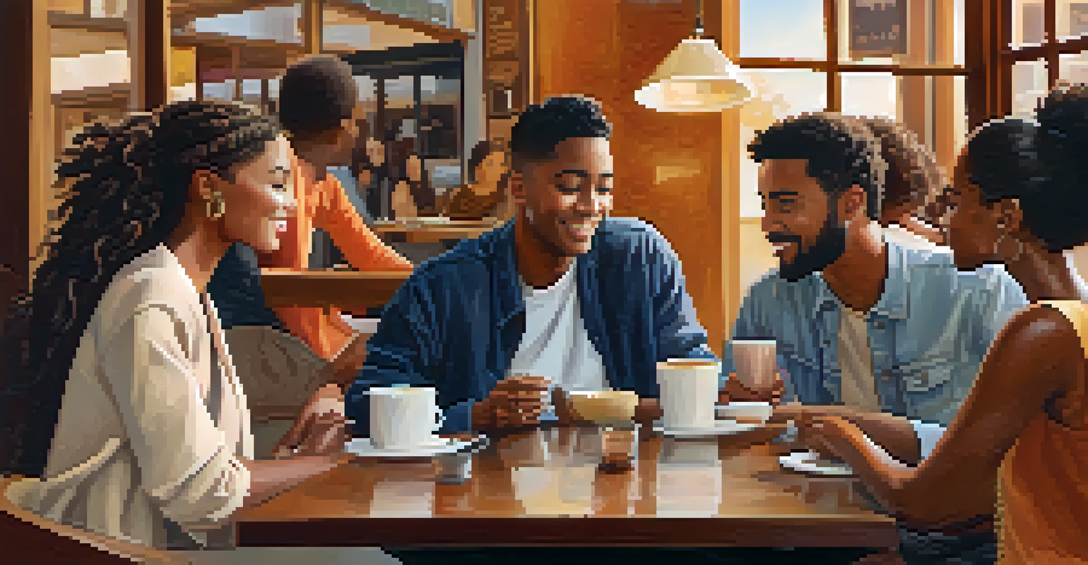 A diverse group of friends discussing at a coffee shop, with coffee cups and books around them, in a warm and cozy atmosphere.