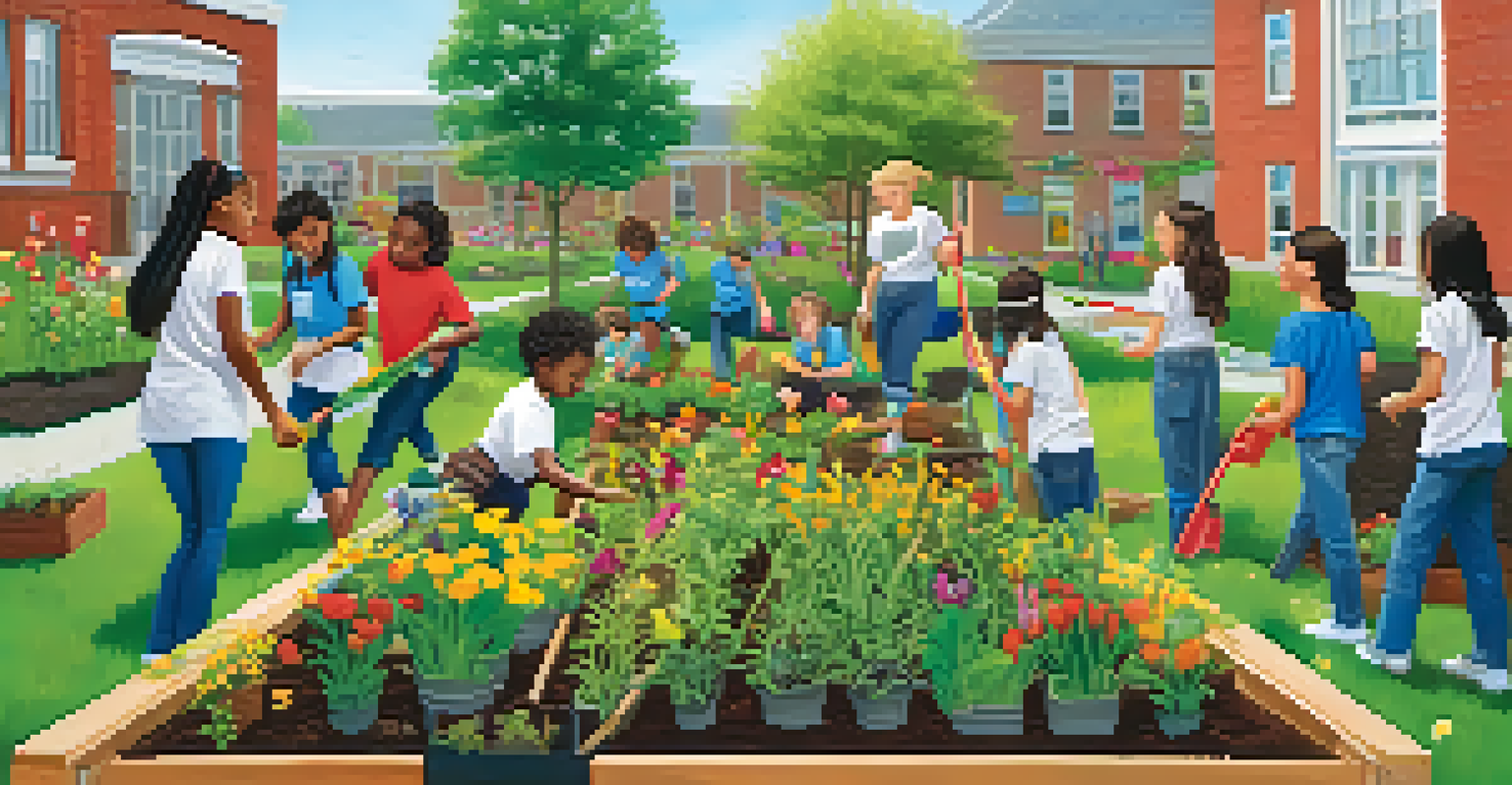 Students planting flowers in a school garden, smiling and working together, with a banner promoting mental wellness in the background.