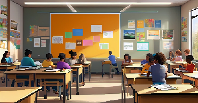 A bright classroom with diverse students using laptops and tablets, a teacher helping a student, colorful posters, and sunlight streaming in through a window.