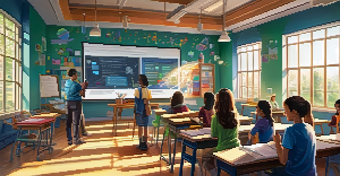 A classroom with a teacher presenting a science concept using an Instagram post, surrounded by engaged students and colorful educational posters.