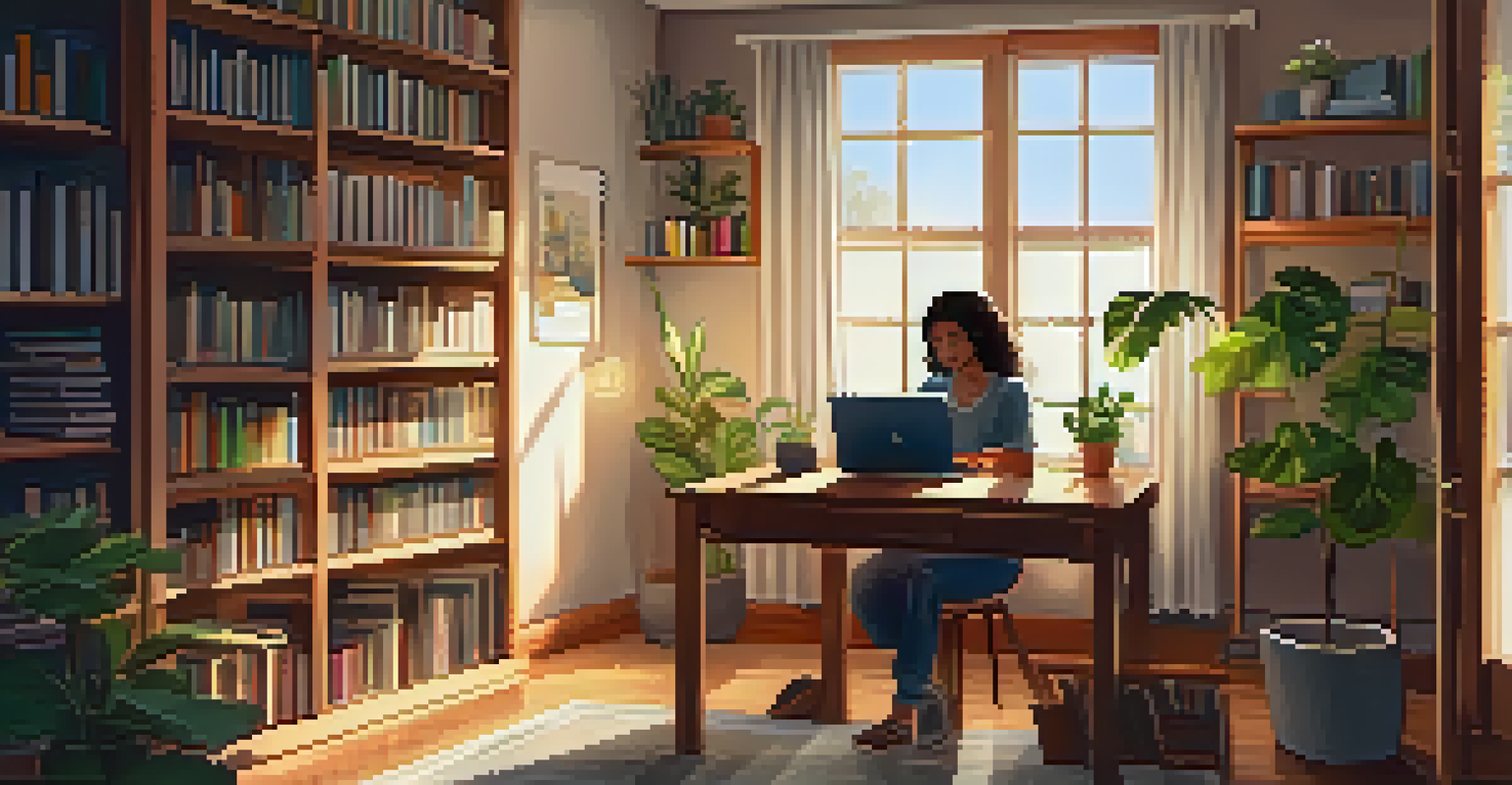 A warm and inviting home study area where a person is engaged with a laptop, surrounded by books and plants, illuminated by sunlight.