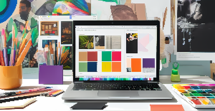 A laptop displaying a digital portfolio with various student projects, surrounded by art supplies and stationery in a well-lit workspace.