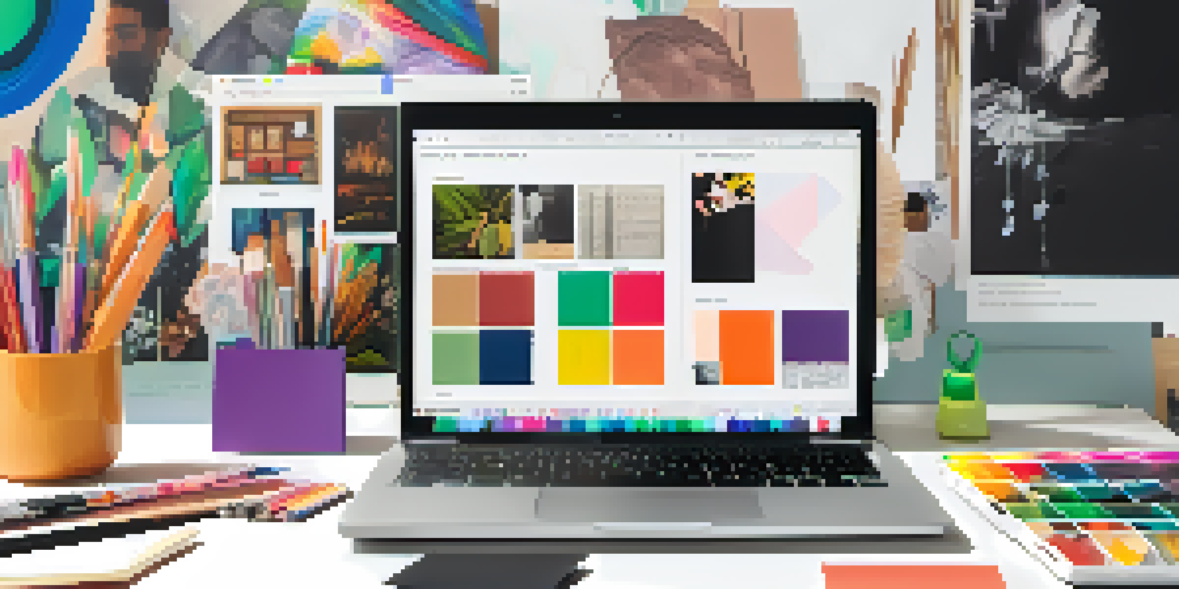 A laptop displaying a digital portfolio with various student projects, surrounded by art supplies and stationery in a well-lit workspace.