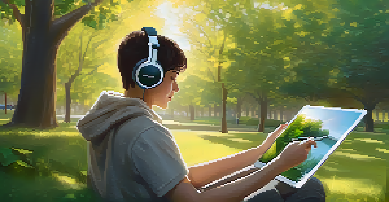 A person using a language learning app on a tablet in a park, focused on listening exercises.