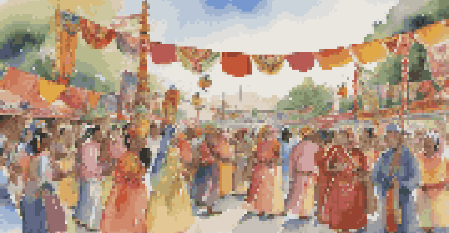 A vibrant outdoor festival with people in traditional attire celebrating together, symbolizing cultural exchange and unity.