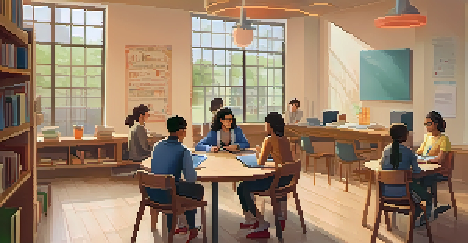 A teacher interacting with a small group of students in a friendly and engaging learning space, using technology for collaboration.