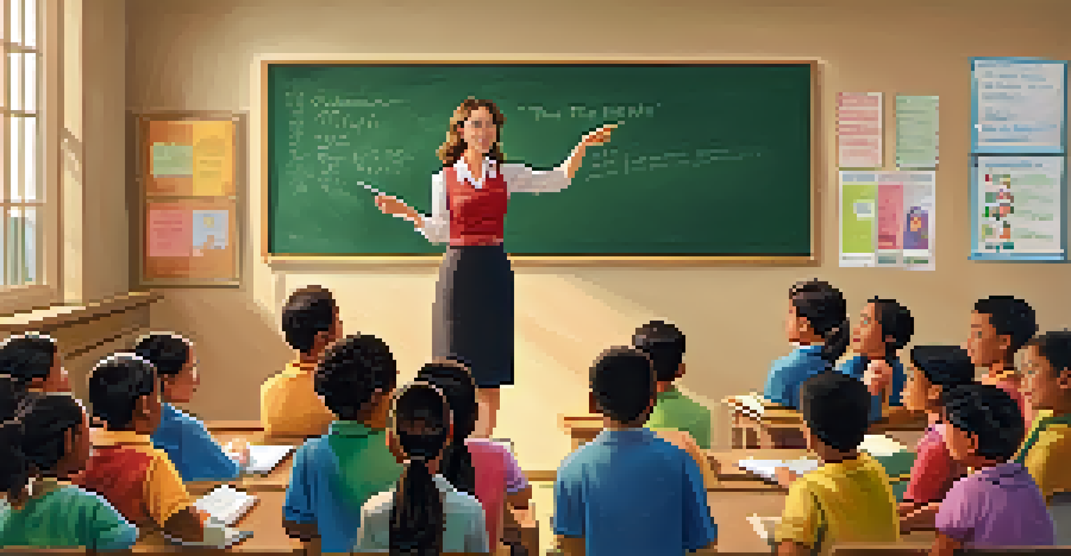 A motivated teacher engaging with students in a classroom filled with educational materials, with students actively taking notes.